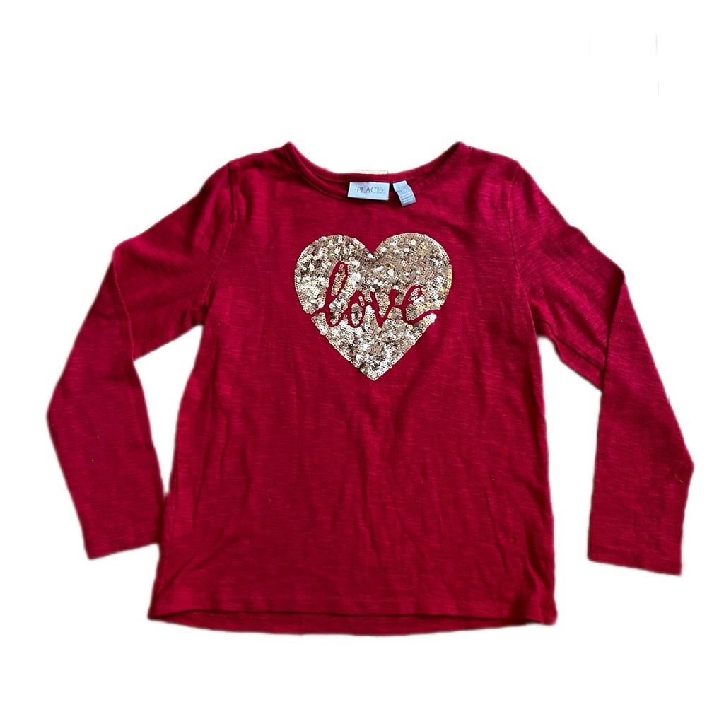 Children’s Place red sweater with love heart gold sequins
